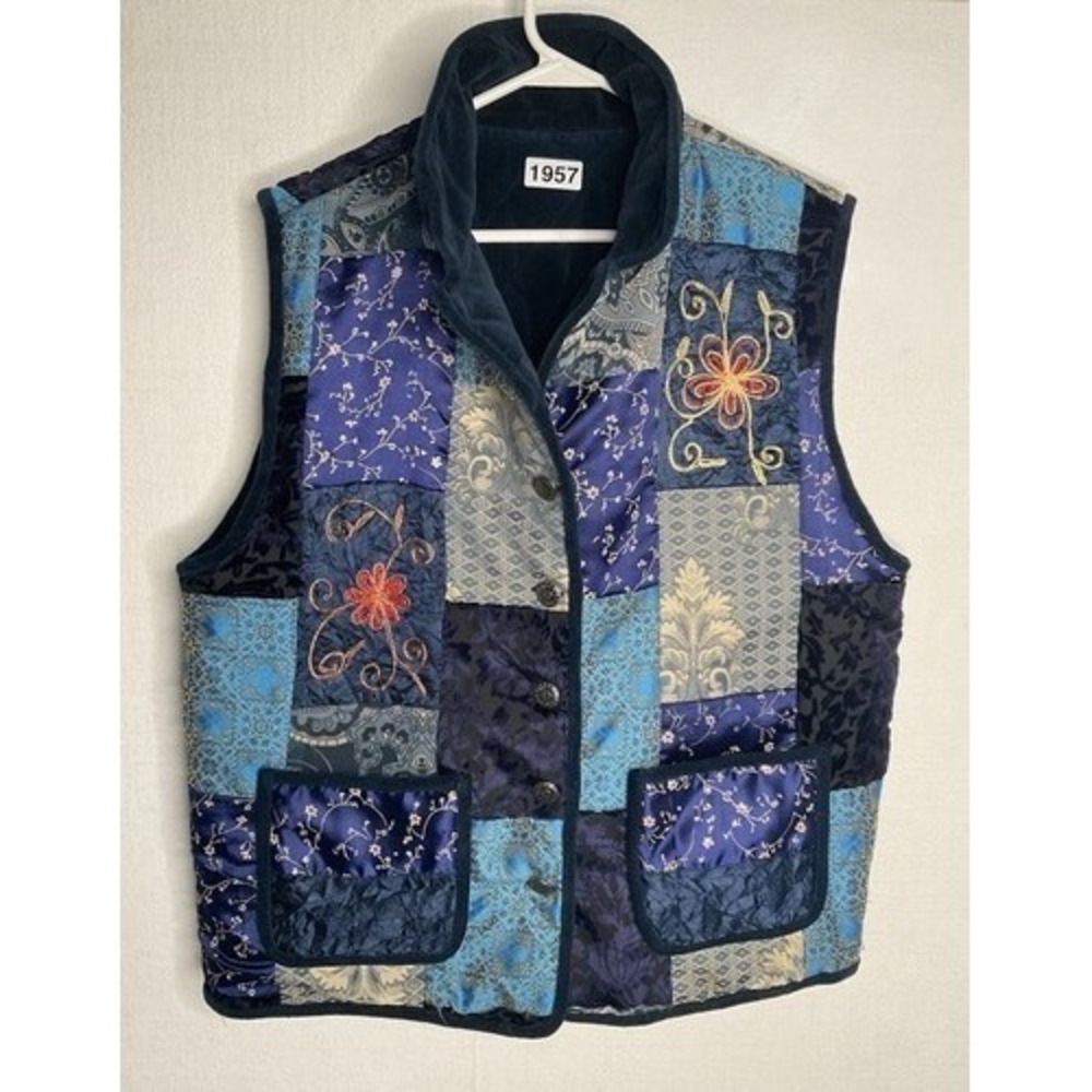 VTG Poetica‎ Blue/Purple Patchwork Reversible Button Front Vest Women M India